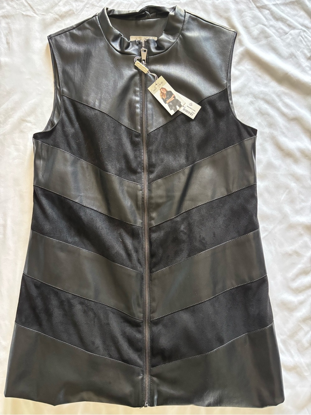Charlie Paige Black Chevron-Panel Faux Leather Vest Size S